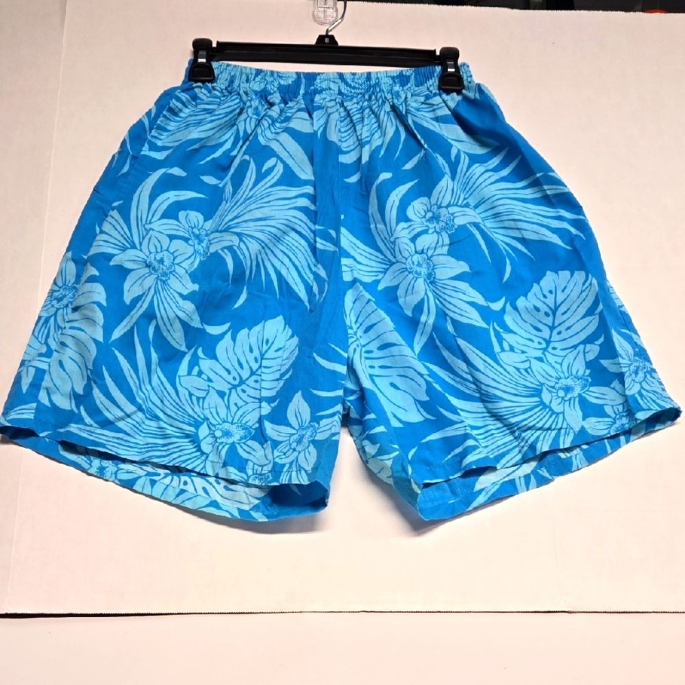 Vntg Royal Creations Made In Hawaii Orchid & Monstera Design Blue Shorts Sz XL